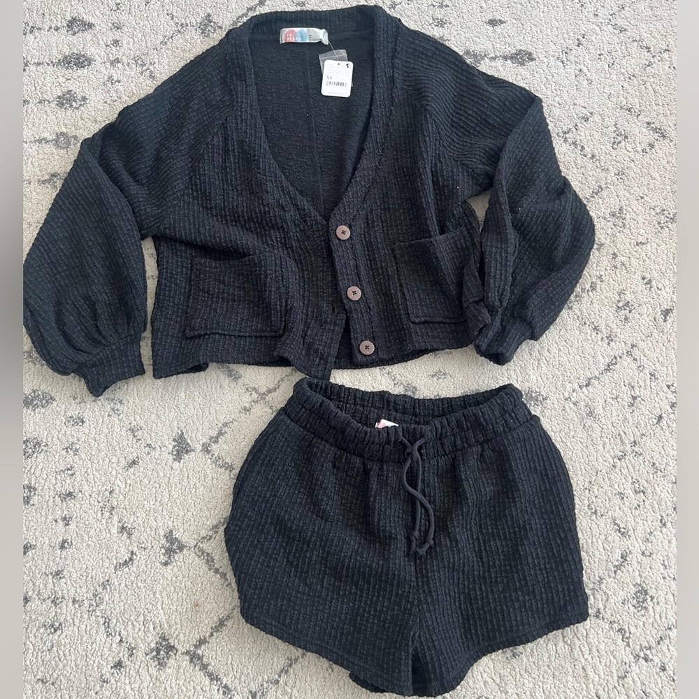 Free People Black Cropped Cardigan & Drawstring Shorts Set